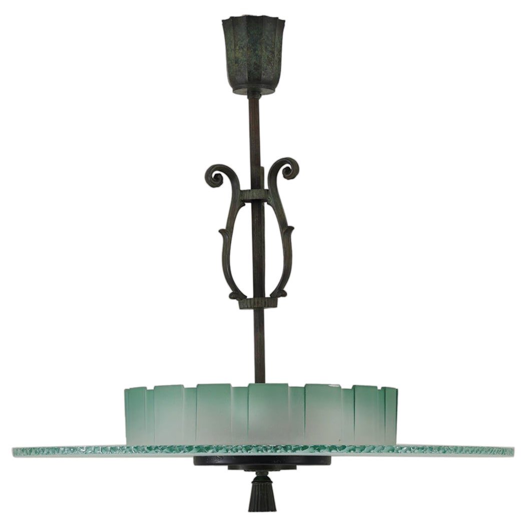 Swedish art Deco Chandelier in Glass and Patinated Brass