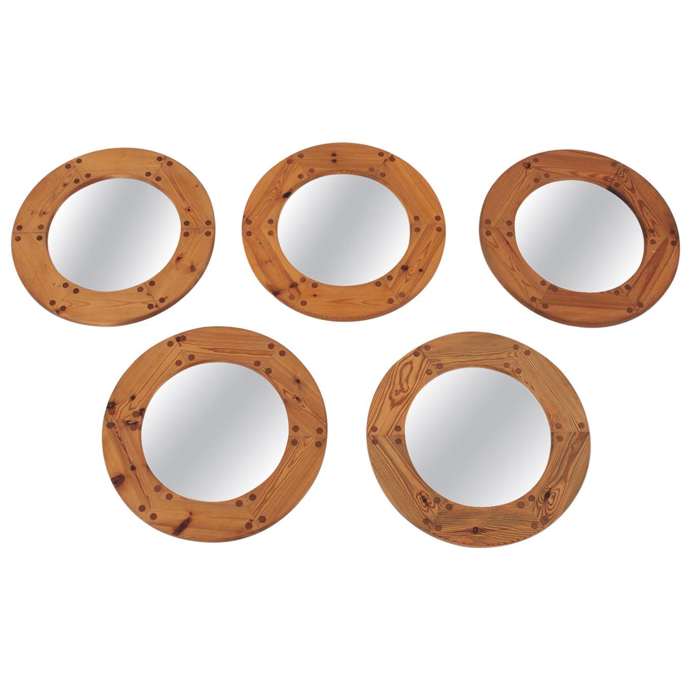 Swedish Midcentury Round Mirrors in Pine