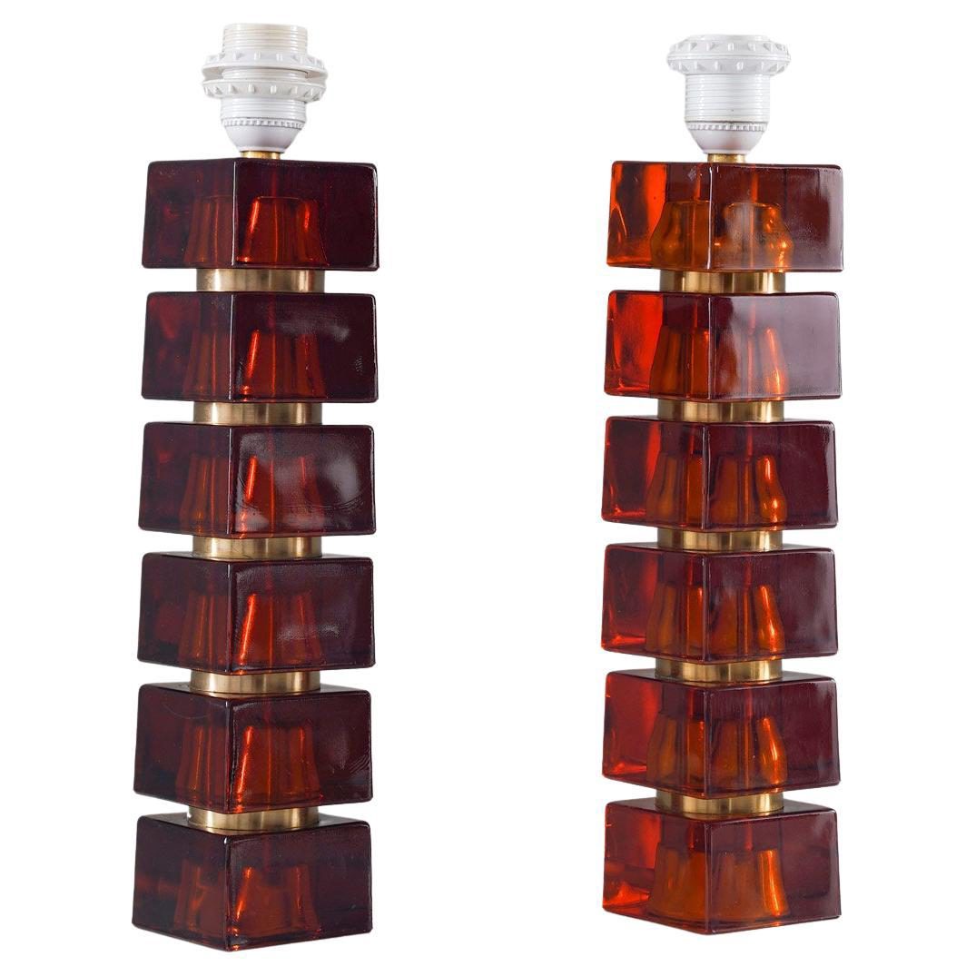 Pair of Swedish Mid-century Table Lamps in Glass and Brass