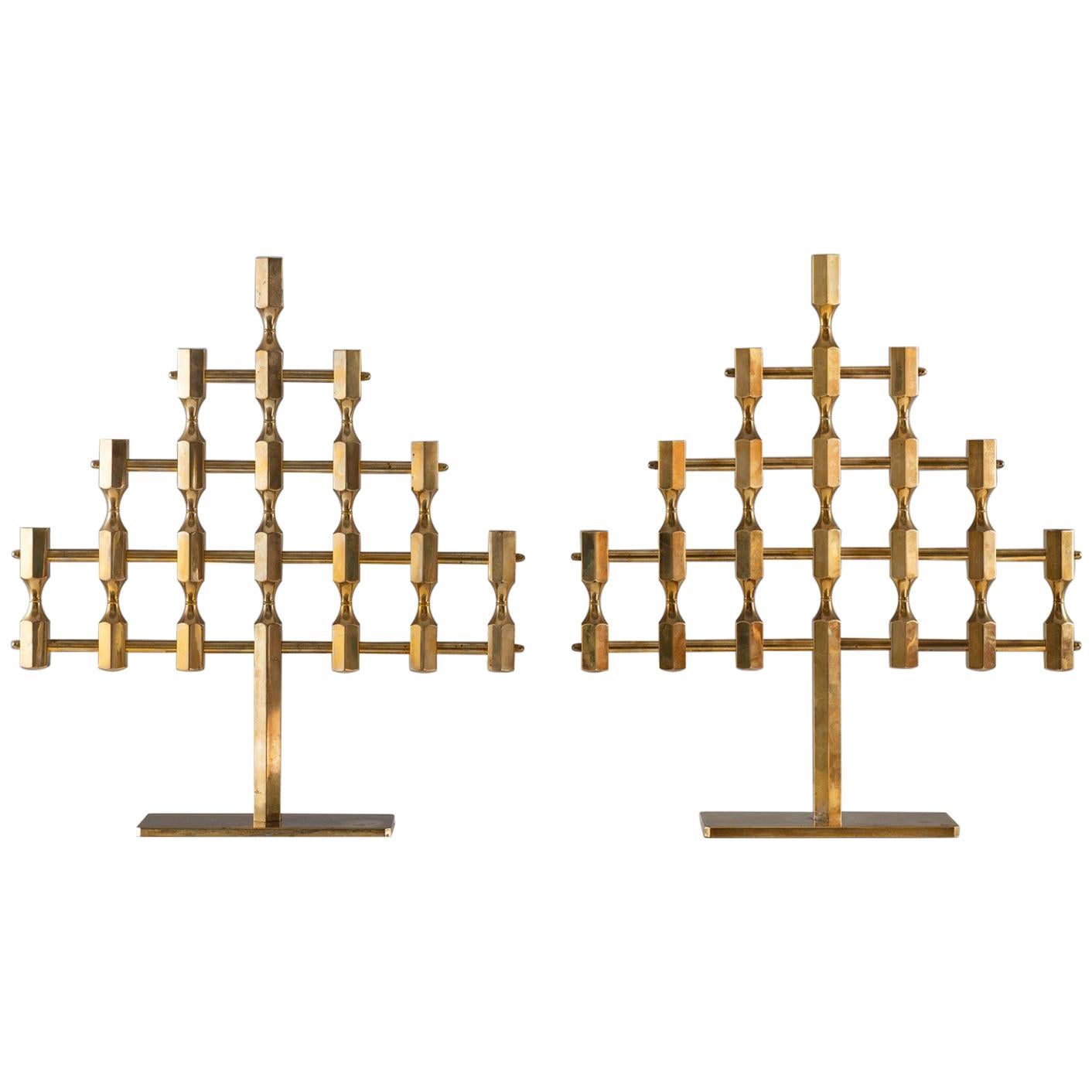 Pair of Large Swedish Candelabras in Brass by Lars Bergsten for Gusum