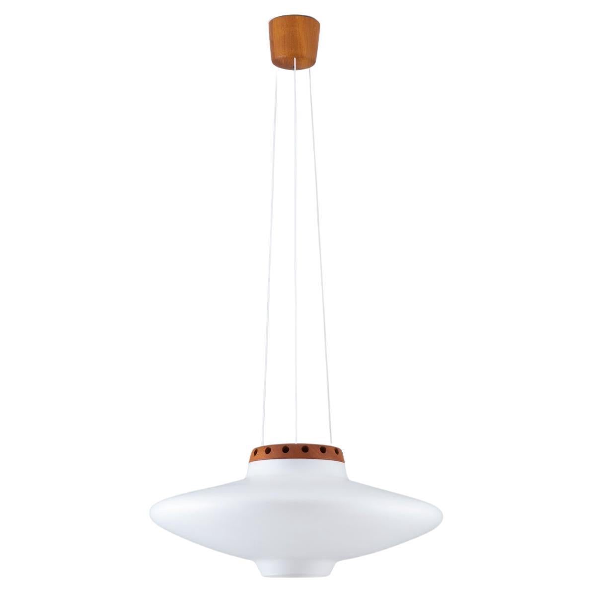 Swedish Midcentury Pendant in Oak and Opaline Glass by Luxus