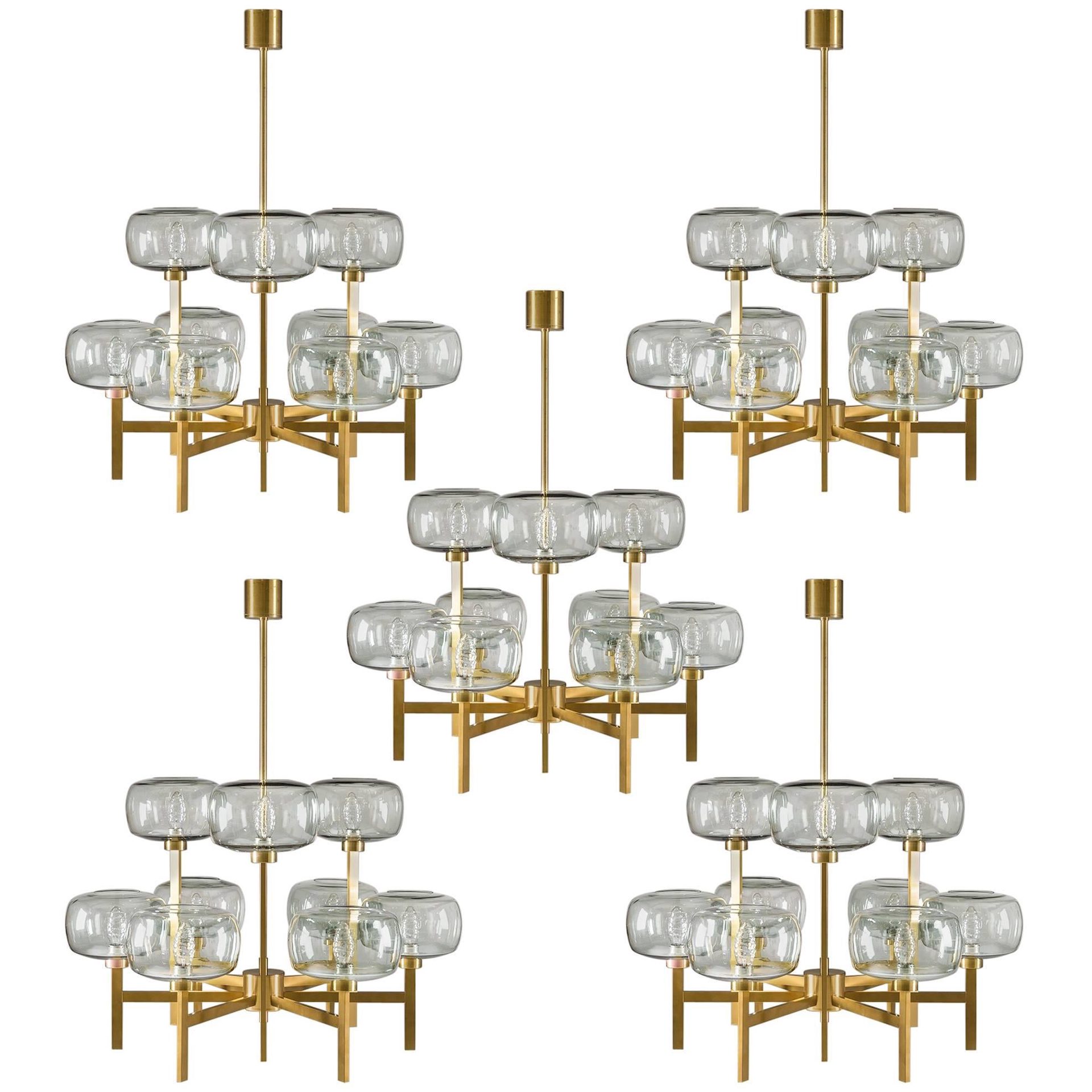 Five Swedish Chandeliers in Brass and Glass by Holger Johansson