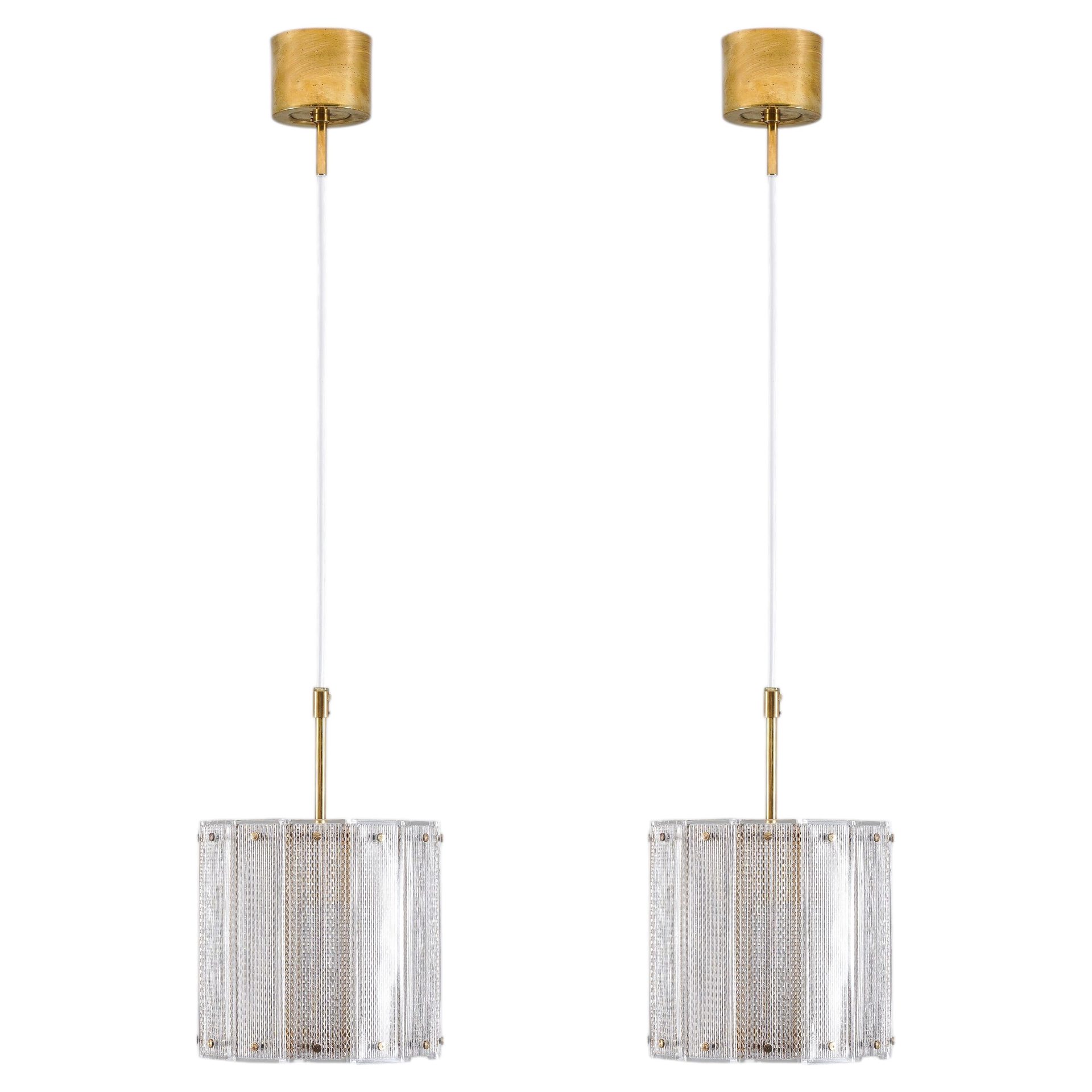 Pair of Glass and Brass Pendants by Falkenbergs Belysning, Sweden, 1960s