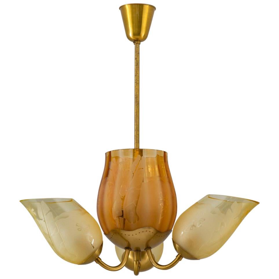 Swedish Modern Chandelier in Brass and Glass by Glössner