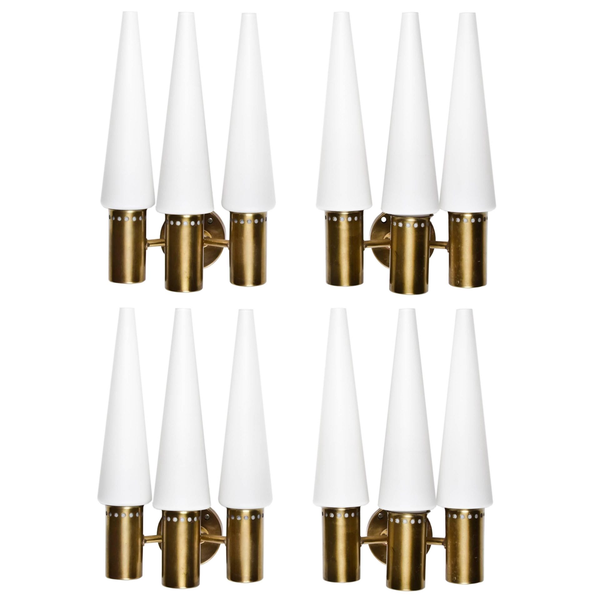 Wall Sconces in Brass and Opaline Glass by Hans-Agne Jakobsson