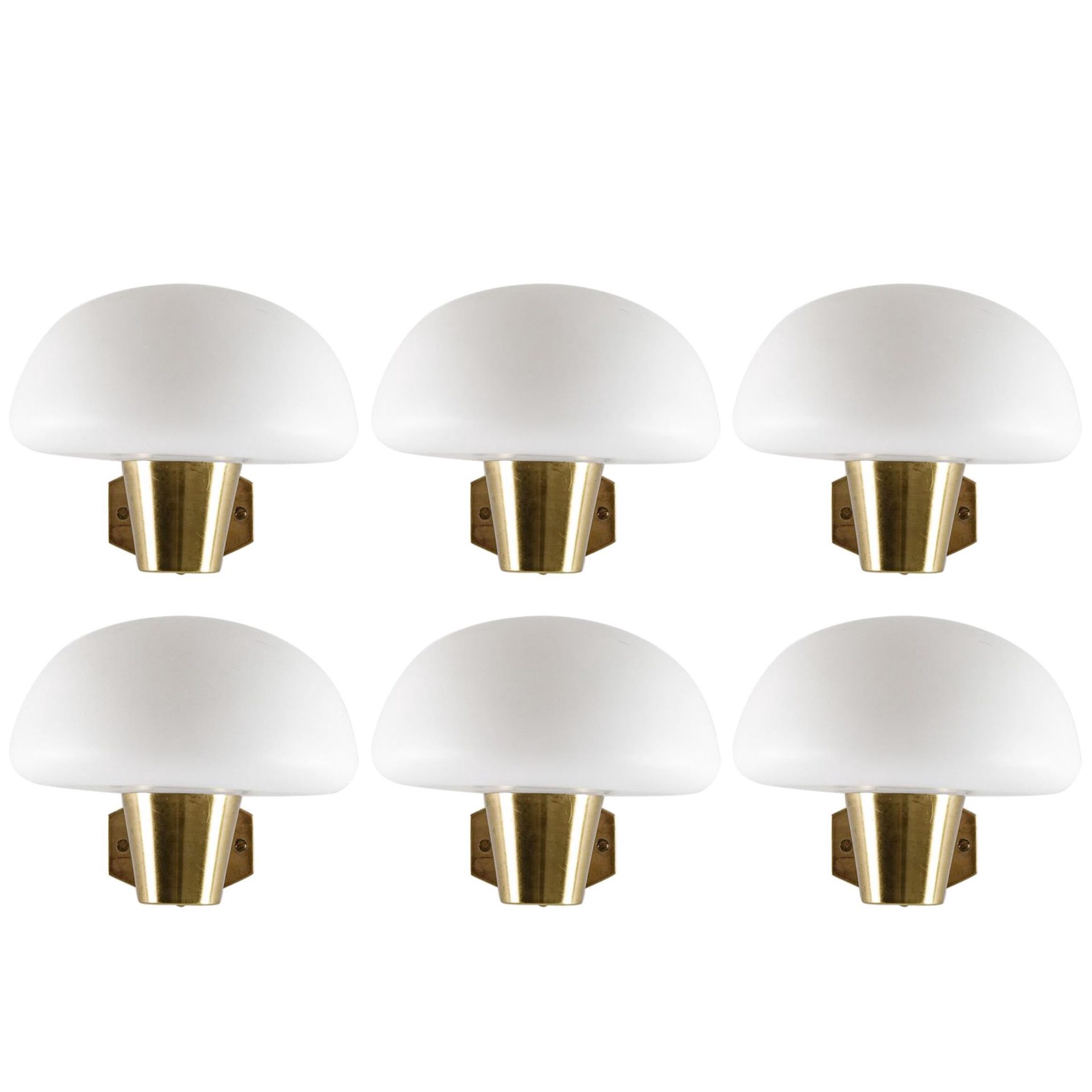 Set of Six Swedish Midcentury Wall Lamps in Brass and Opaline Glass