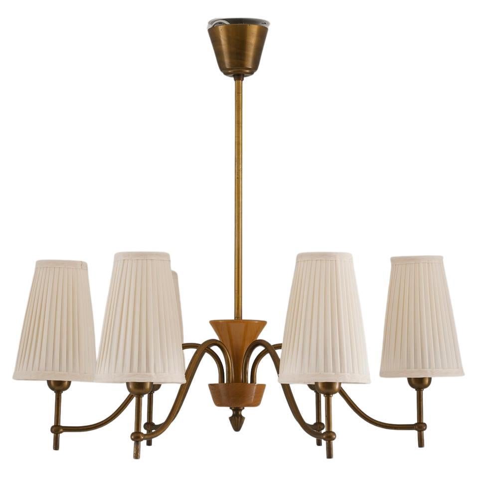 Swedish Modern Chandelier by Böhlmarks in Brass and Wood, 1940s
